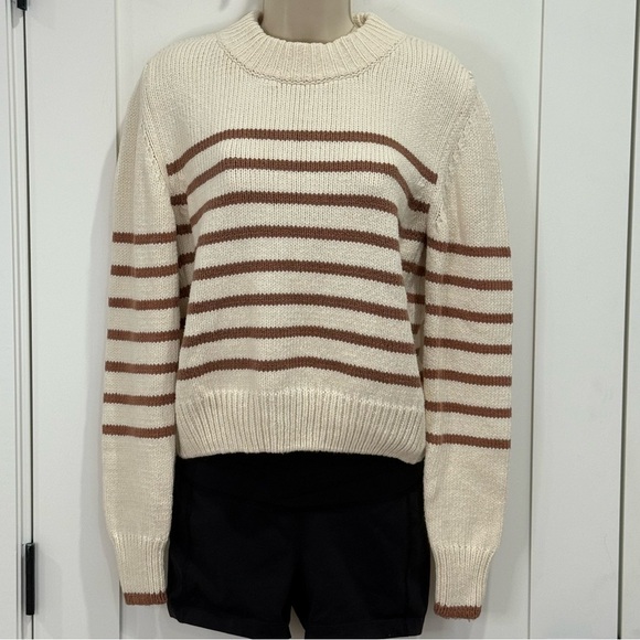 Faherty Cuddle Striped Crew Sweater Chai Stripe Cream Brown Knit Medium Rare - Picture 5 of 11
